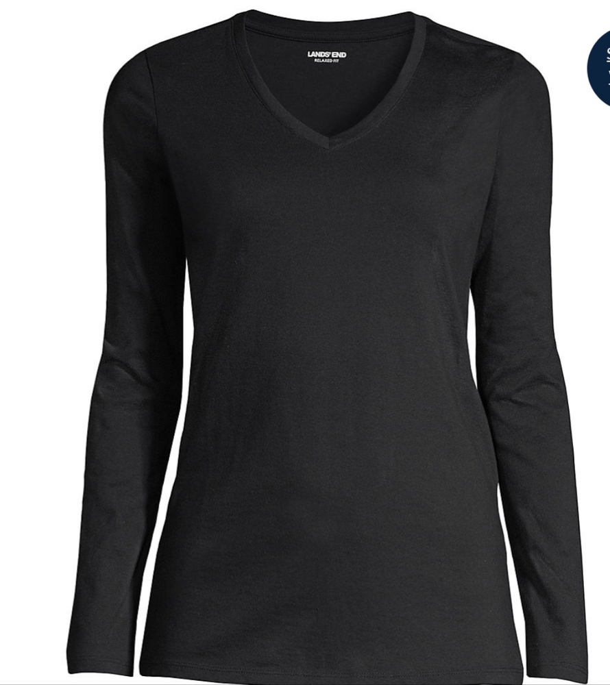 Women's Petite Relaxed Supima Cotton Long Sleeve V-Neck T-Shirt